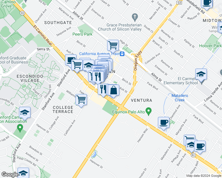 map of restaurants, bars, coffee shops, grocery stores, and more near 444 Grant Avenue in Palo Alto