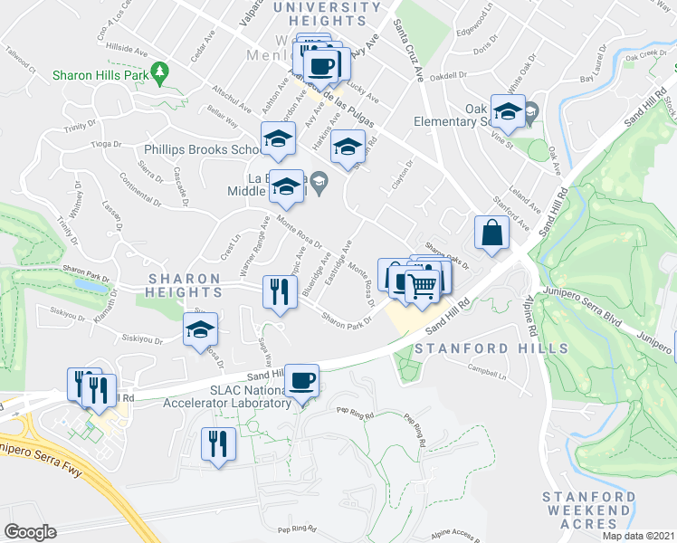 map of restaurants, bars, coffee shops, grocery stores, and more near 665 Monte Rosa Drive in Menlo Park