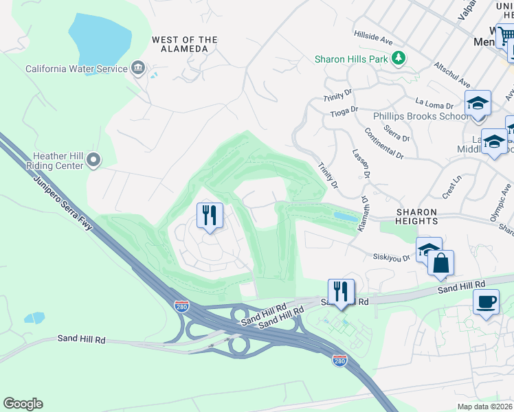 map of restaurants, bars, coffee shops, grocery stores, and more near 1256 Sharon Park Drive in Menlo Park