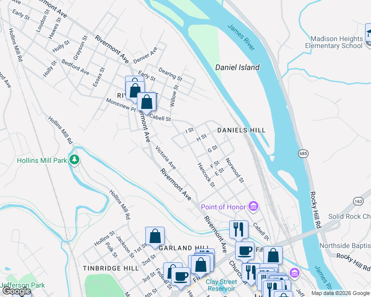 map of restaurants, bars, coffee shops, grocery stores, and more near 803 Spring St in Lynchburg