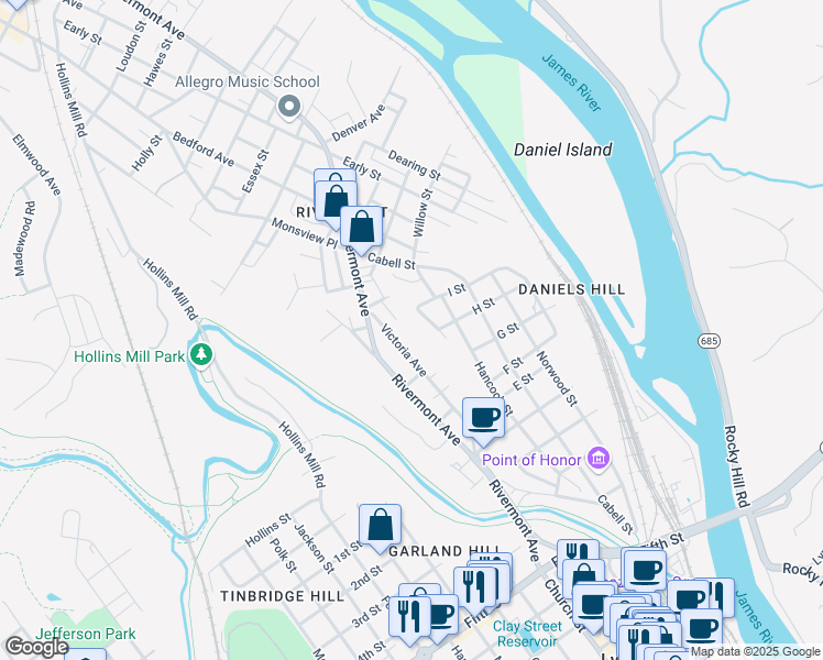 map of restaurants, bars, coffee shops, grocery stores, and more near 803 Spring St in Lynchburg