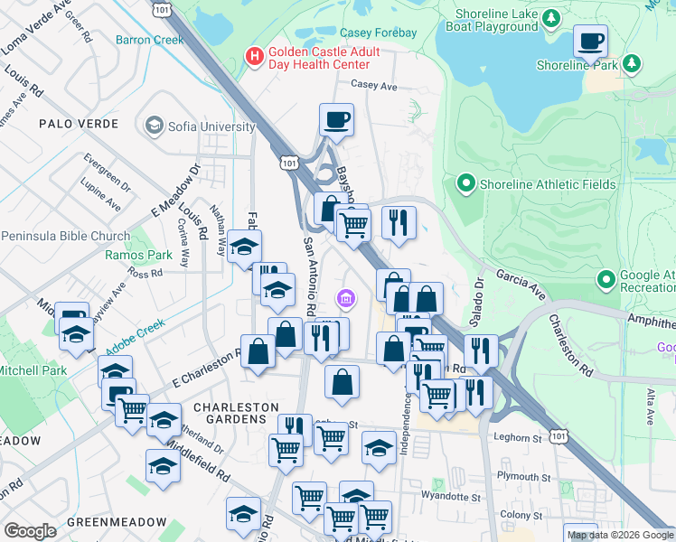 map of restaurants, bars, coffee shops, grocery stores, and more near 991 Commercial Street in Palo Alto