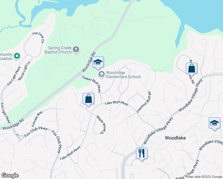 map of restaurants, bars, coffee shops, grocery stores, and more near 5505 Highberry Woods Road in Midlothian