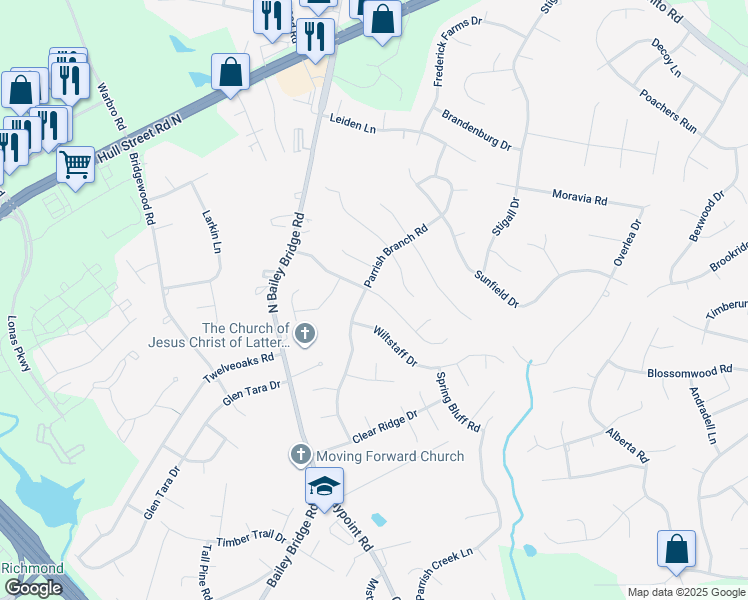 map of restaurants, bars, coffee shops, grocery stores, and more near 11531 Bailey Woods Drive in Midlothian