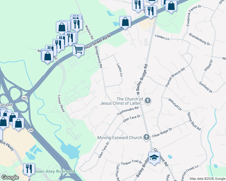 map of restaurants, bars, coffee shops, grocery stores, and more near 12106 Southernbelle Court in Midlothian