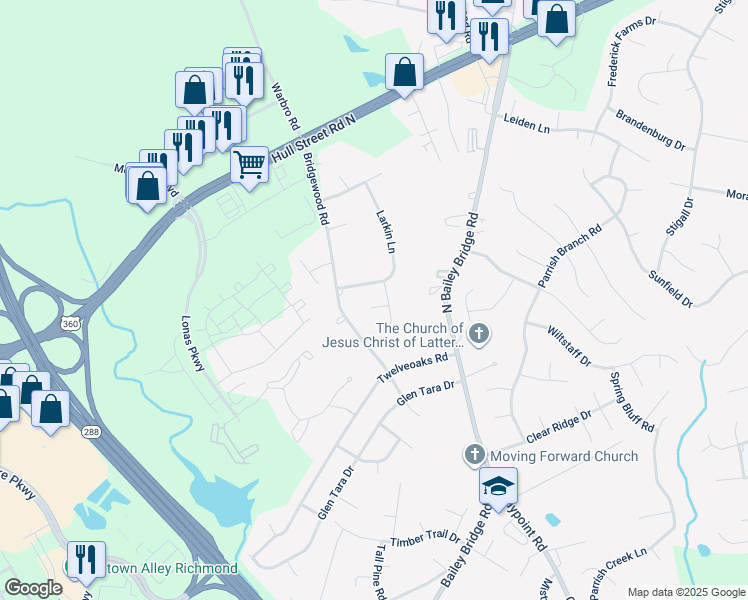 map of restaurants, bars, coffee shops, grocery stores, and more near 12104 Southernbelle Court in Midlothian