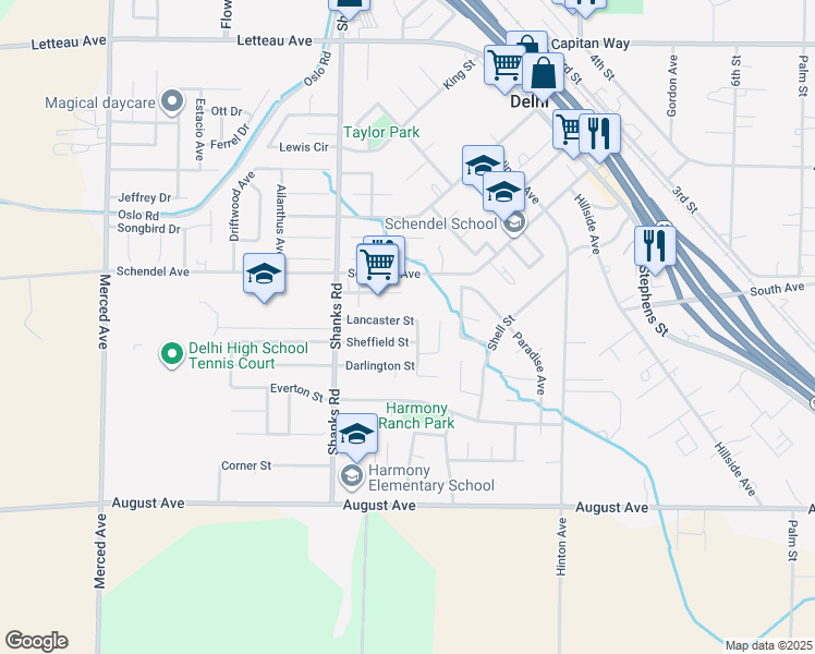 map of restaurants, bars, coffee shops, grocery stores, and more near 16347 Lancaster Street in Delhi