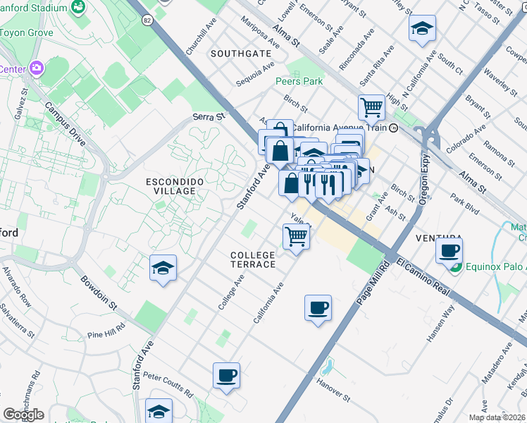 map of restaurants, bars, coffee shops, grocery stores, and more near 2101 Williams Street in Palo Alto