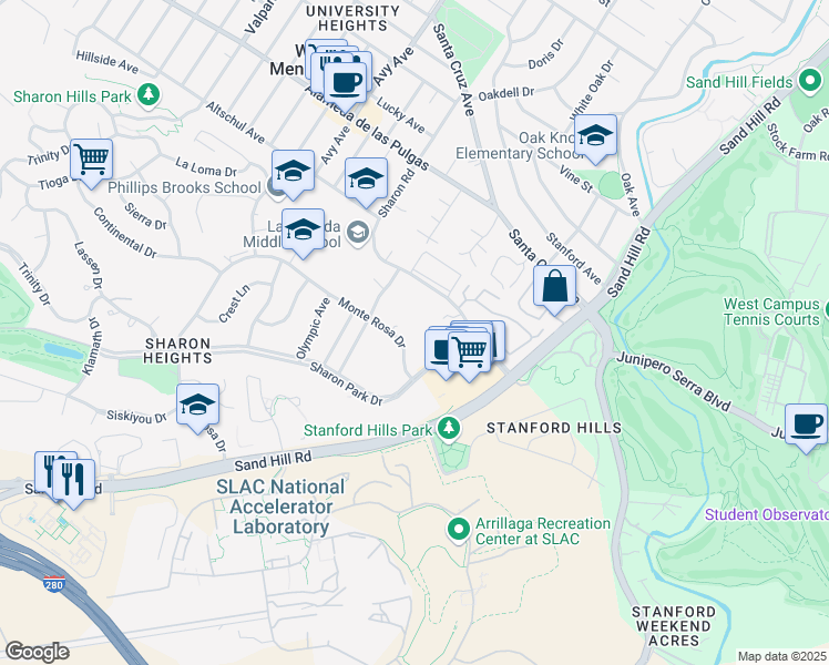 map of restaurants, bars, coffee shops, grocery stores, and more near 698 Monte Rosa Drive in Menlo Park