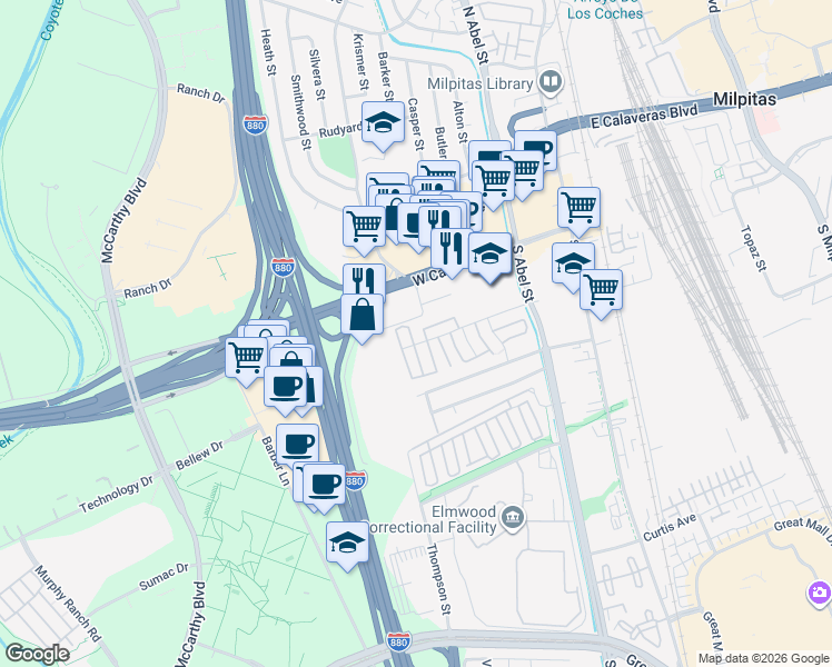 map of restaurants, bars, coffee shops, grocery stores, and more near 295 Rio Verde Place in Milpitas