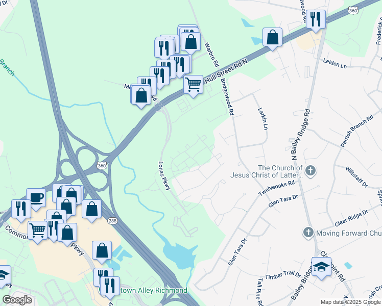 map of restaurants, bars, coffee shops, grocery stores, and more near 4003 Next Level Trace in Midlothian