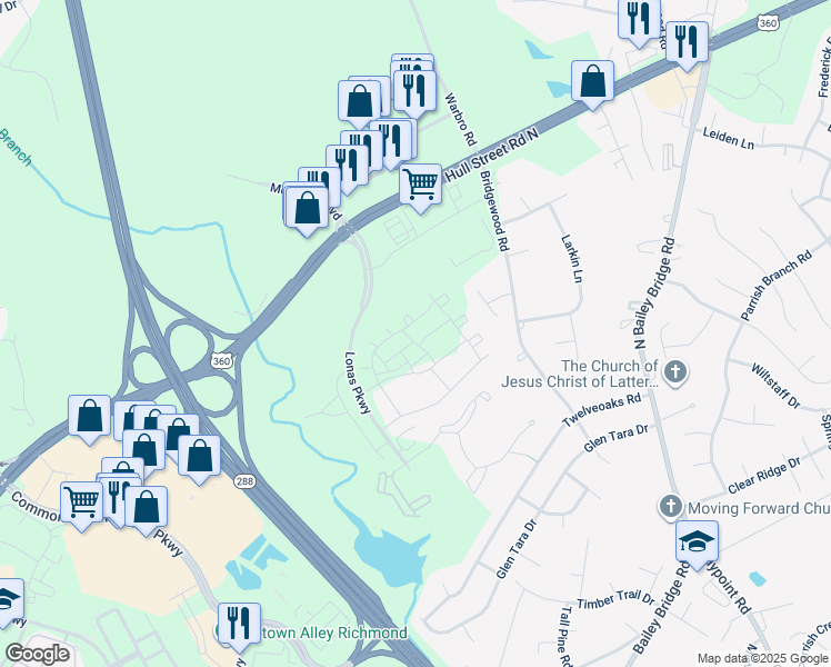 map of restaurants, bars, coffee shops, grocery stores, and more near 4003 Next Level Trace in Midlothian