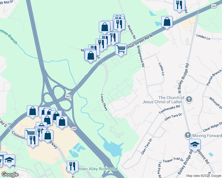 map of restaurants, bars, coffee shops, grocery stores, and more near 3900 Maze Runner Drive in Midlothian