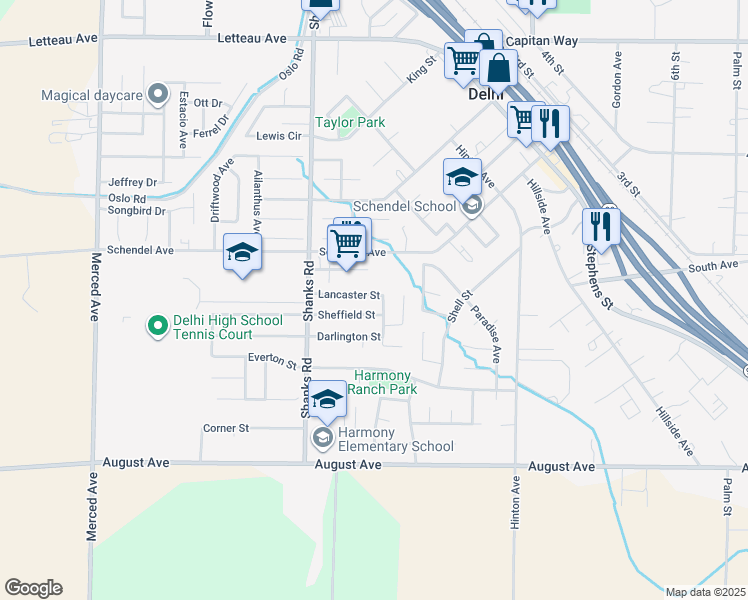map of restaurants, bars, coffee shops, grocery stores, and more near 16347 Lancaster Street in Delhi