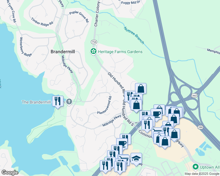 map of restaurants, bars, coffee shops, grocery stores, and more near 4506 Old Well Terrace in Midlothian