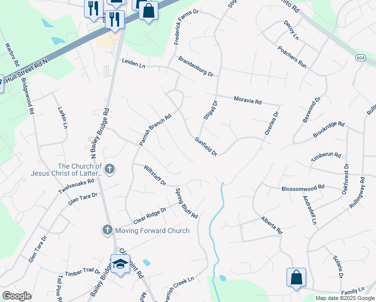 map of restaurants, bars, coffee shops, grocery stores, and more near 11448 Bailey Mountain Trail in Midlothian