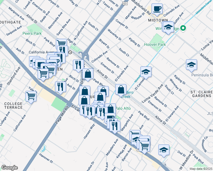 map of restaurants, bars, coffee shops, grocery stores, and more near in Palo Alto