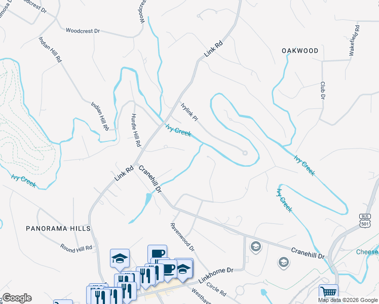 map of restaurants, bars, coffee shops, grocery stores, and more near 124 Overlink Court in Lynchburg