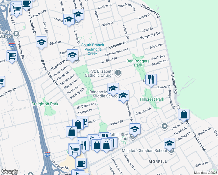 map of restaurants, bars, coffee shops, grocery stores, and more near 1719 Yellowstone Avenue in Milpitas