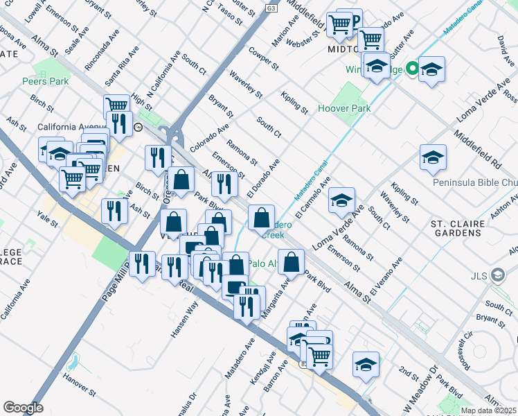 map of restaurants, bars, coffee shops, grocery stores, and more near 2845 Alma Street in Palo Alto