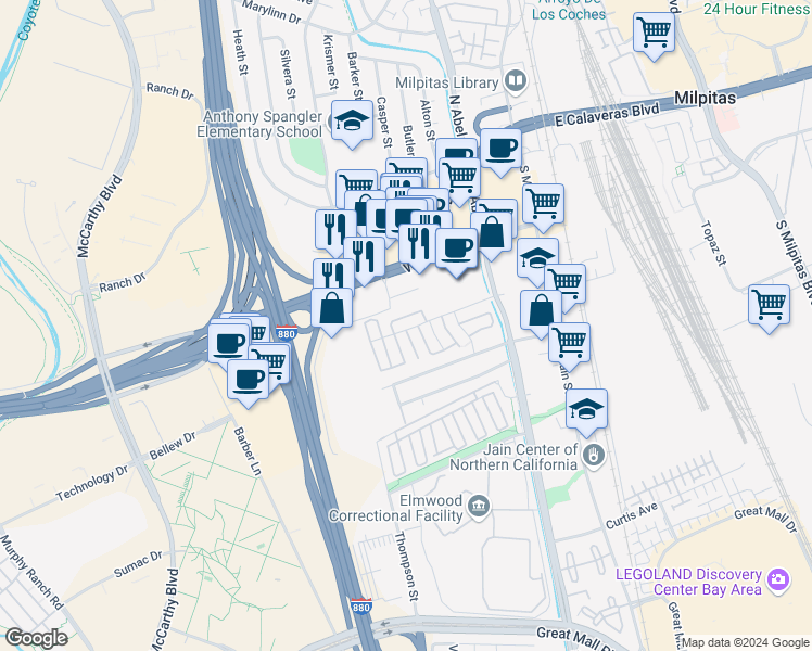 map of restaurants, bars, coffee shops, grocery stores, and more near 3082 Junipero Drive in Milpitas
