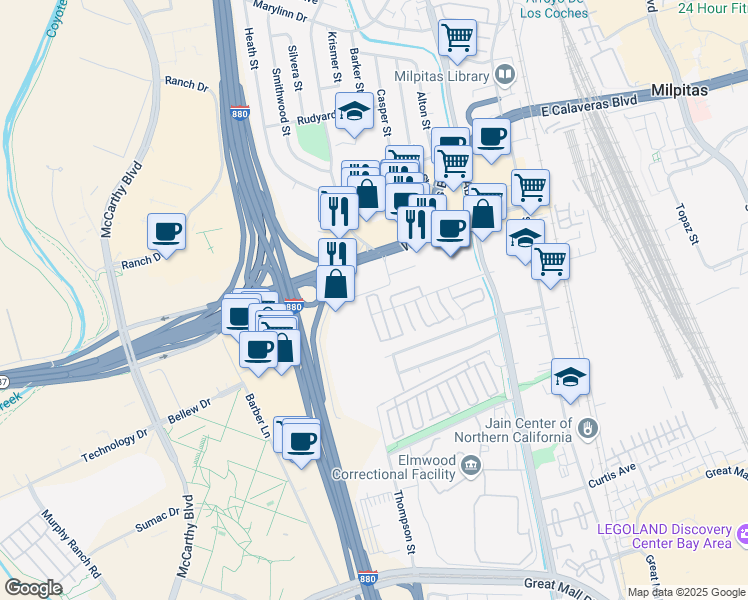 map of restaurants, bars, coffee shops, grocery stores, and more near 295 Rio Verde Place in Milpitas