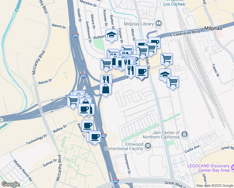 map of restaurants, bars, coffee shops, grocery stores, and more near 295 Rio Verde Place in Milpitas