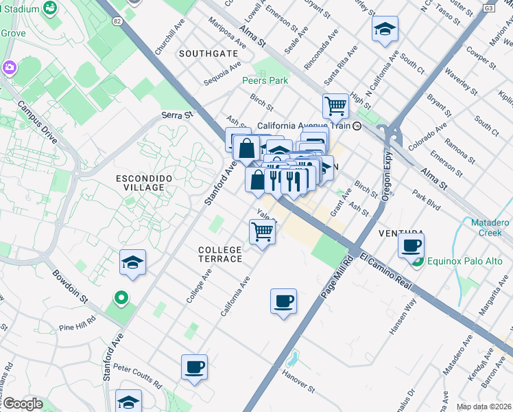 map of restaurants, bars, coffee shops, grocery stores, and more near 2257 Yale Street in Palo Alto