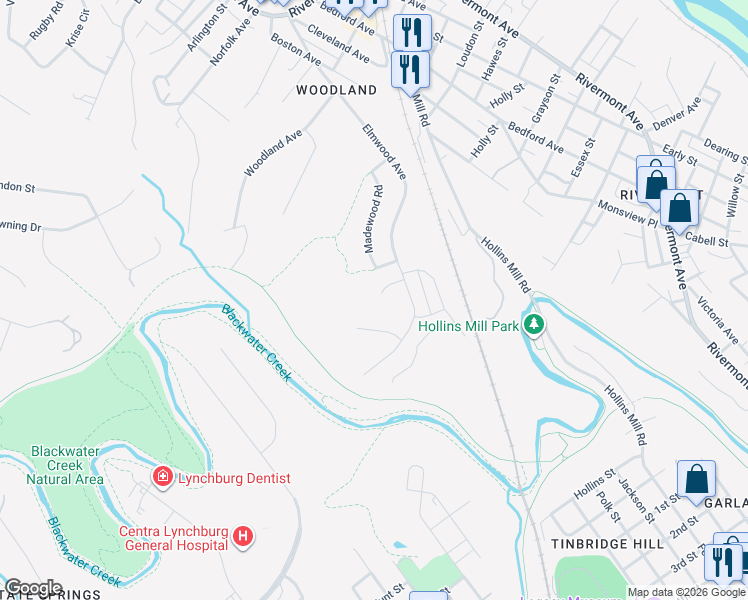 map of restaurants, bars, coffee shops, grocery stores, and more near 545 Madewood Road in Lynchburg