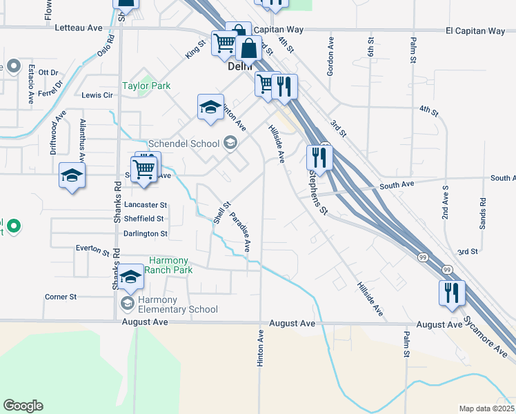 map of restaurants, bars, coffee shops, grocery stores, and more near 9399 Hinton Avenue in Delhi
