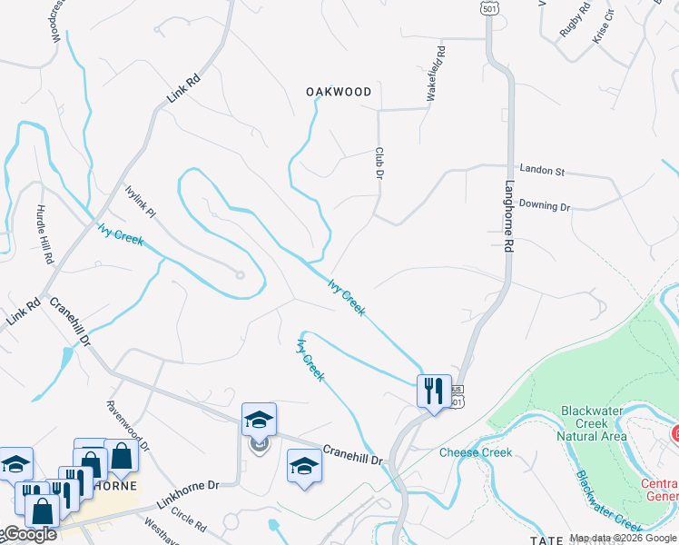 map of restaurants, bars, coffee shops, grocery stores, and more near 1542 Club Drive in Lynchburg