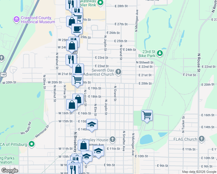 map of restaurants, bars, coffee shops, grocery stores, and more near 1811 North Grand Street in Pittsburg