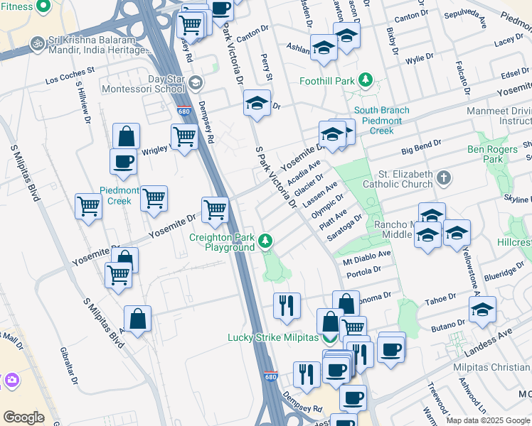 map of restaurants, bars, coffee shops, grocery stores, and more near 1209 Glacier Drive in Milpitas