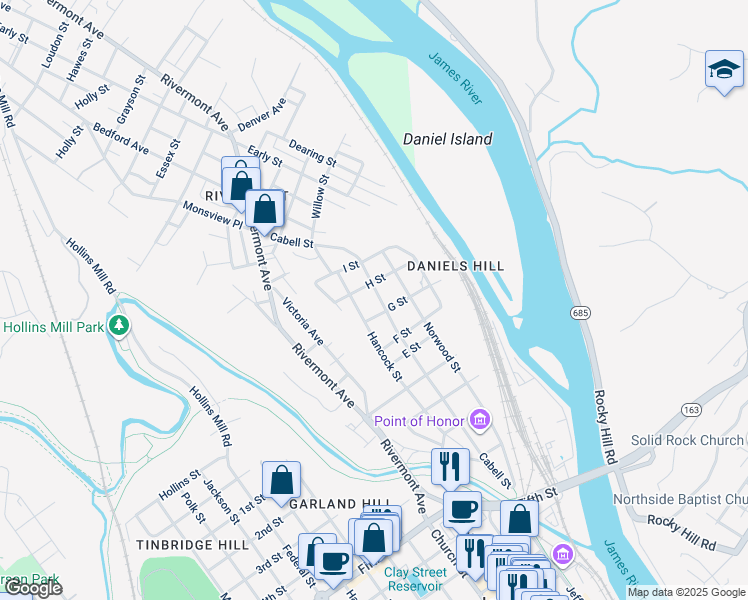 map of restaurants, bars, coffee shops, grocery stores, and more near 713 Cabell Street in Lynchburg