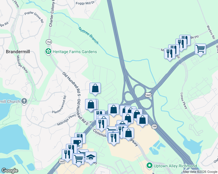 map of restaurants, bars, coffee shops, grocery stores, and more near 12700 Hull Street Road in Midlothian