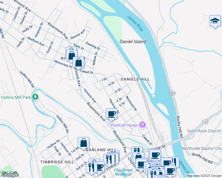 map of restaurants, bars, coffee shops, grocery stores, and more near 713 Cabell Street in Lynchburg