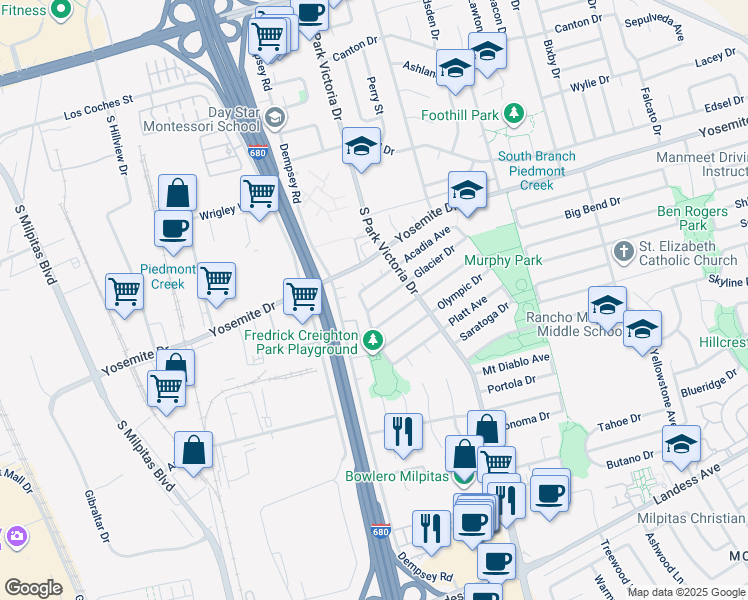 map of restaurants, bars, coffee shops, grocery stores, and more near 1209 Glacier Drive in Milpitas