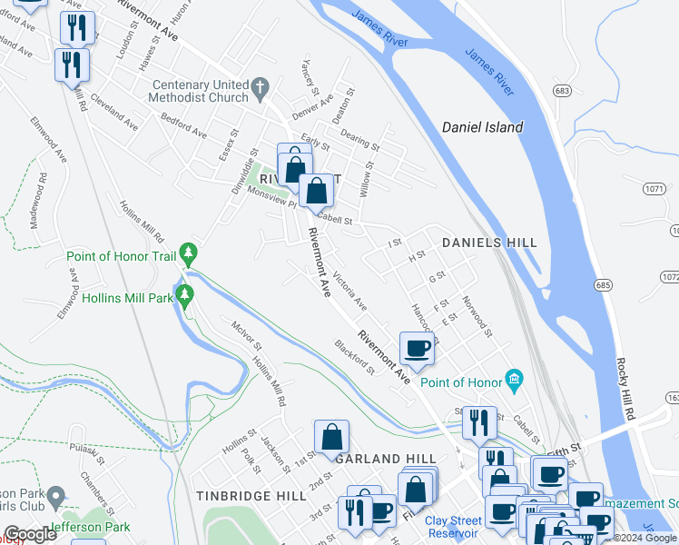 map of restaurants, bars, coffee shops, grocery stores, and more near 848 Victoria Avenue in Lynchburg