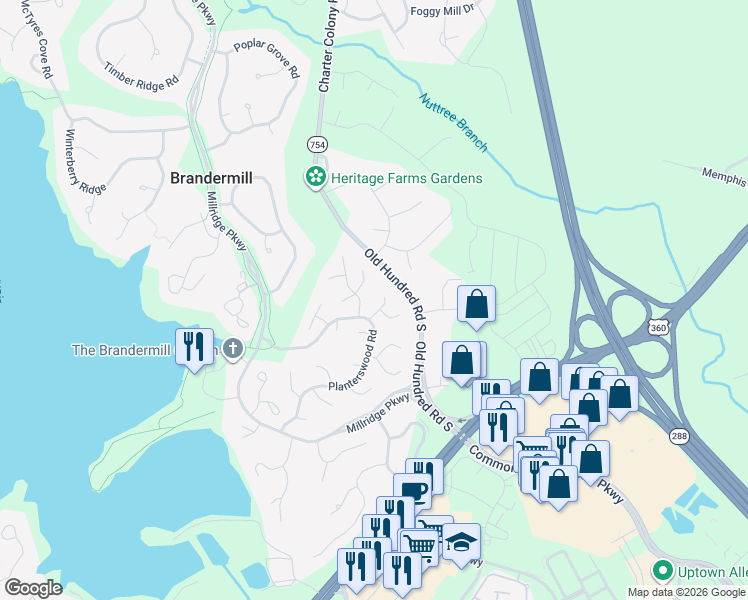 map of restaurants, bars, coffee shops, grocery stores, and more near 4504 Old Well Terrace in Midlothian