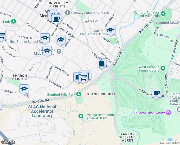 map of restaurants, bars, coffee shops, grocery stores, and more near 2426 Sharon Oaks Drive in Menlo Park