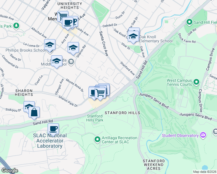 map of restaurants, bars, coffee shops, grocery stores, and more near 2426 Sharon Oaks Drive in Menlo Park
