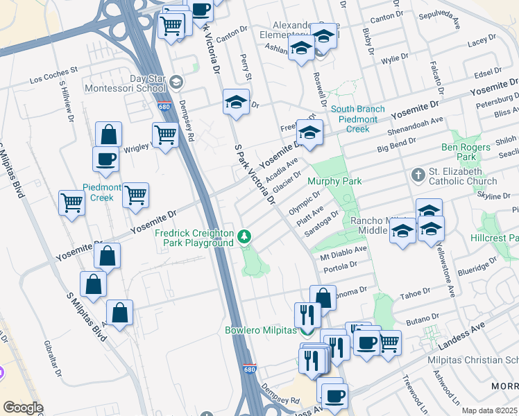 map of restaurants, bars, coffee shops, grocery stores, and more near 1224 Glacier Drive in Milpitas