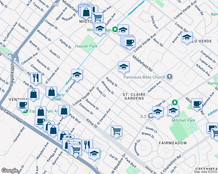 map of restaurants, bars, coffee shops, grocery stores, and more near 3221 Waverley Street in Palo Alto