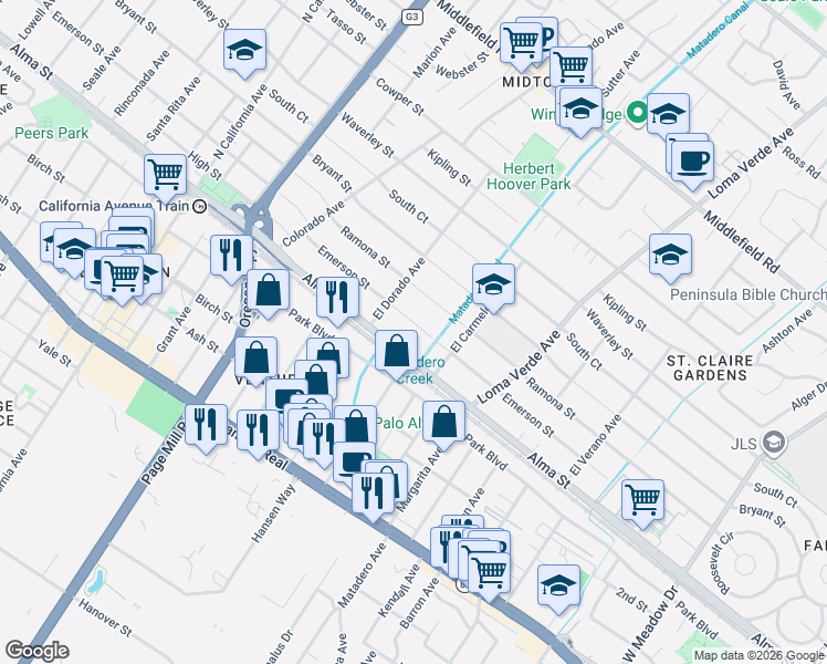 map of restaurants, bars, coffee shops, grocery stores, and more near 2920 Emerson Street in Palo Alto