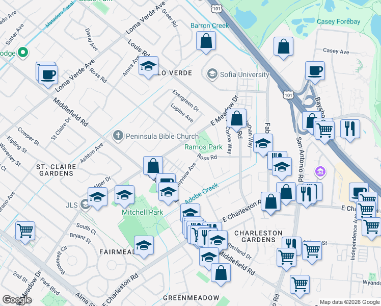 map of restaurants, bars, coffee shops, grocery stores, and more near 3750 Ross Road in Palo Alto