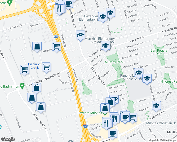 map of restaurants, bars, coffee shops, grocery stores, and more near 1260 Glacier Drive in Milpitas