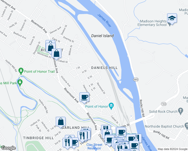 map of restaurants, bars, coffee shops, grocery stores, and more near 618 Norwood Street in Lynchburg