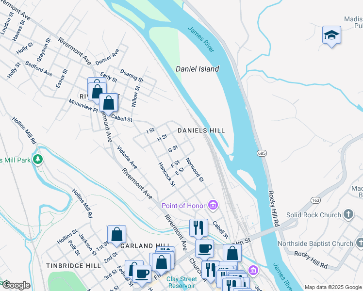 map of restaurants, bars, coffee shops, grocery stores, and more near 616 Norwood Street in Lynchburg