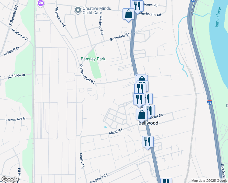 map of restaurants, bars, coffee shops, grocery stores, and more near 2721 Drewrys Bluff Road in Richmond