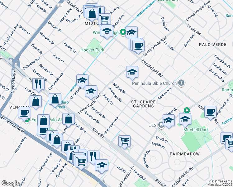 map of restaurants, bars, coffee shops, grocery stores, and more near 3221 Waverley Street in Palo Alto